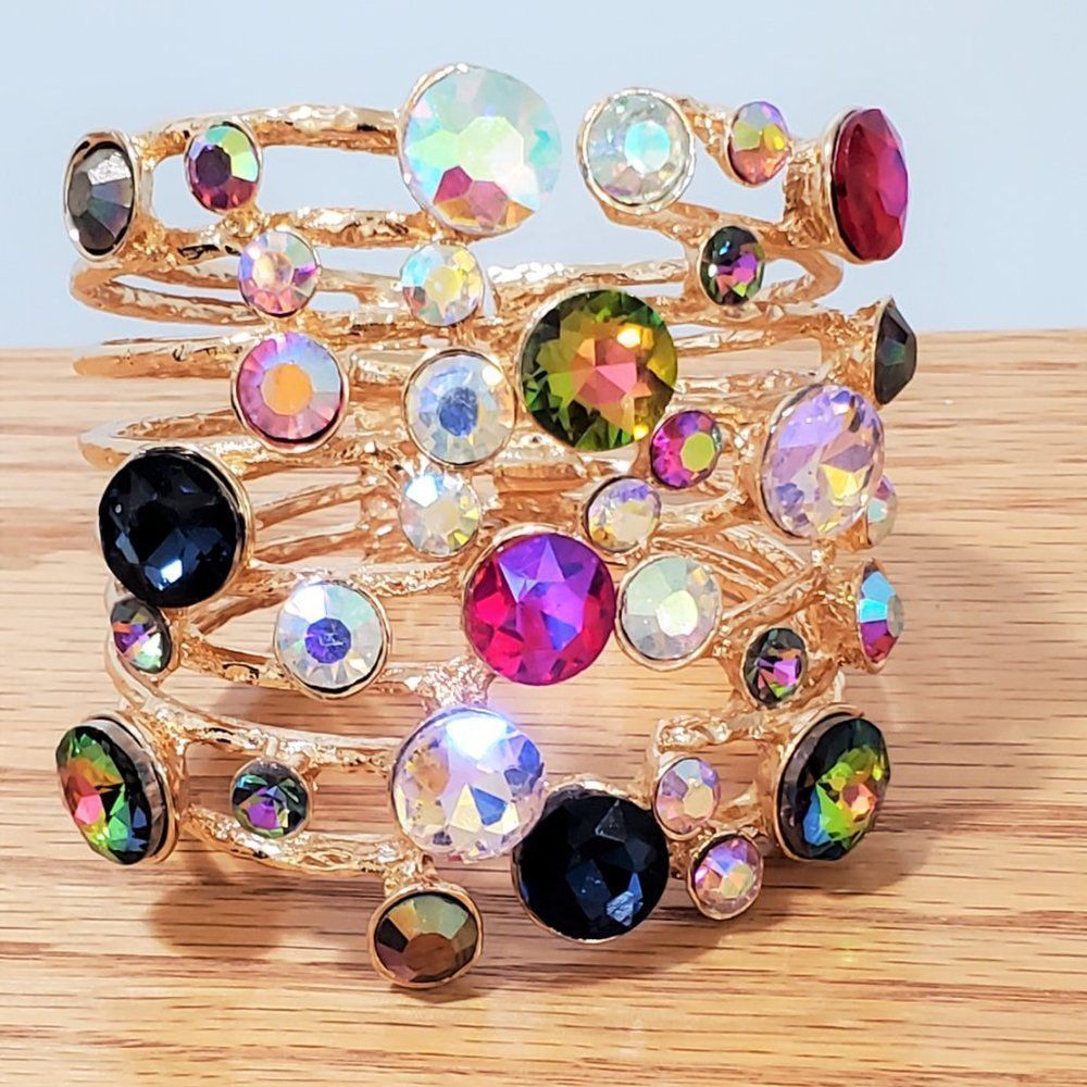 Multicolor Stone Embellished Hinged Cuff Bracelet - image 2